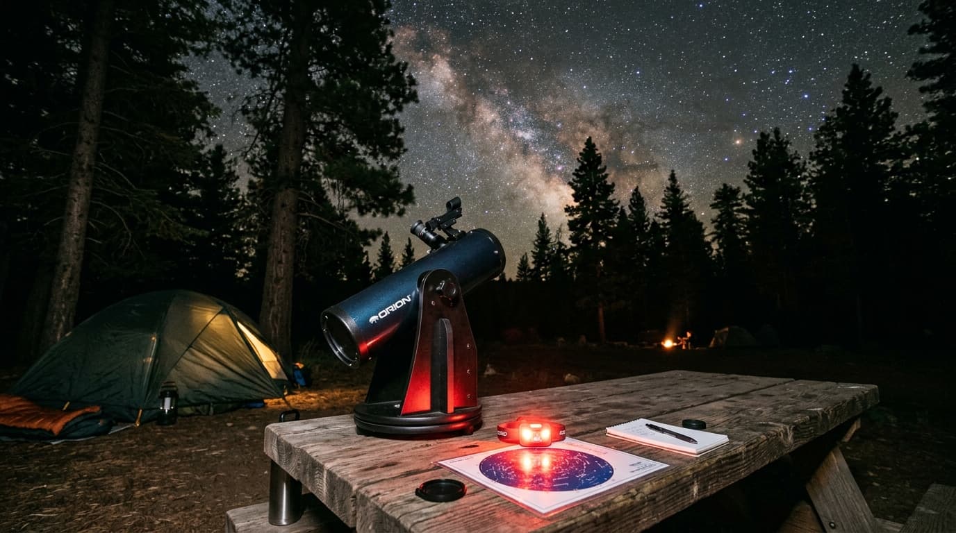 A tabletop Dobsonian telescope at a campsite under a starry sky