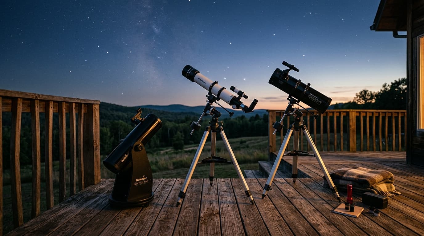 Collection of telescopes at various price points arranged on a wooden surface