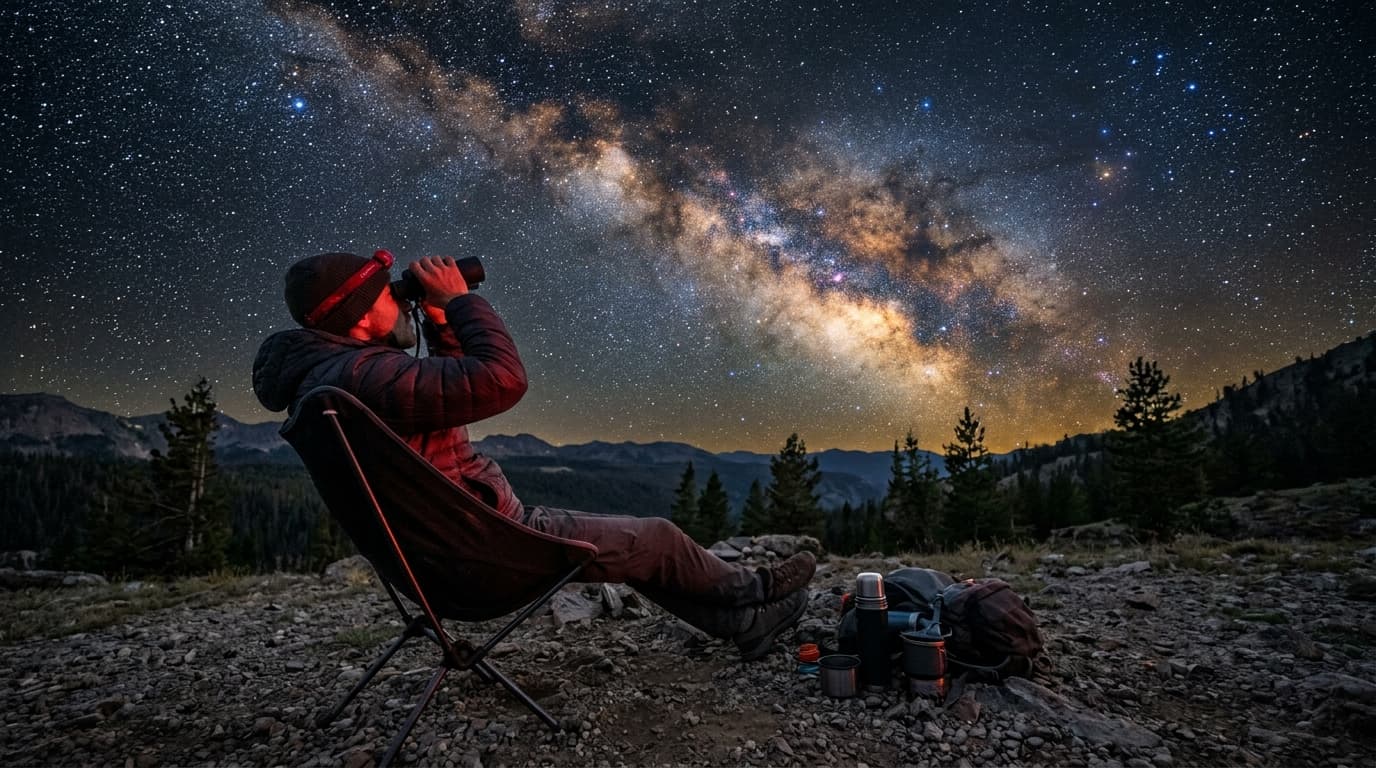 Person stargazing with binoculars under the Milky Way at a dark sky site