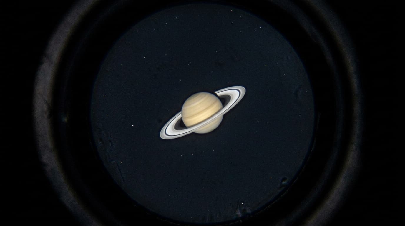 View of Saturn through a telescope eyepiece showing rings