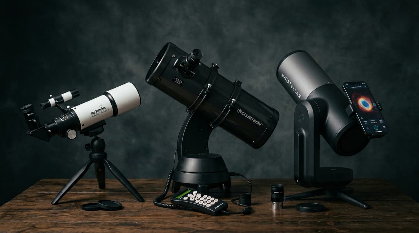 Three telescopes at different price points arranged on a table