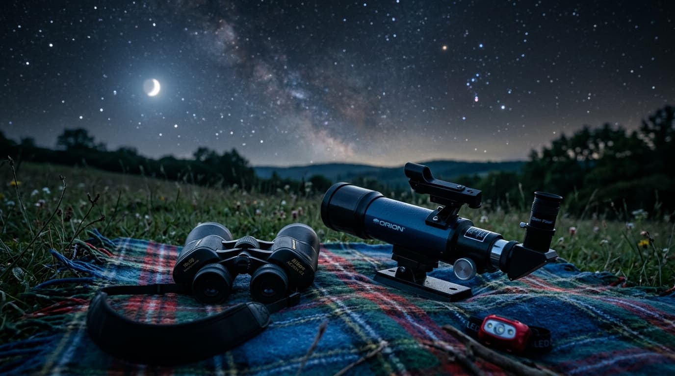 Binoculars and a small telescope side by side on a blanket under the stars