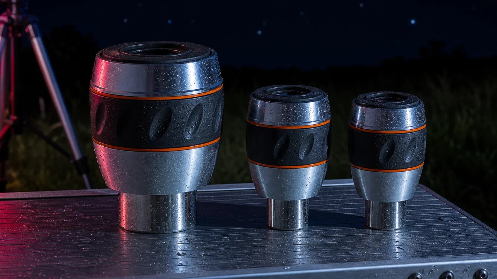 A large 2-inch wide-field eyepiece beside smaller 1.25-inch eyepieces on a dew-covered table