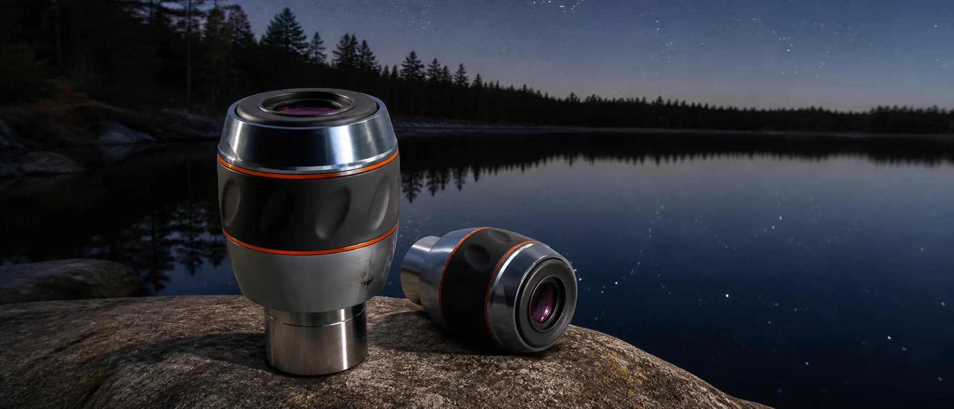 A Celestron Luminos wide-field eyepiece standing on an observing table at night