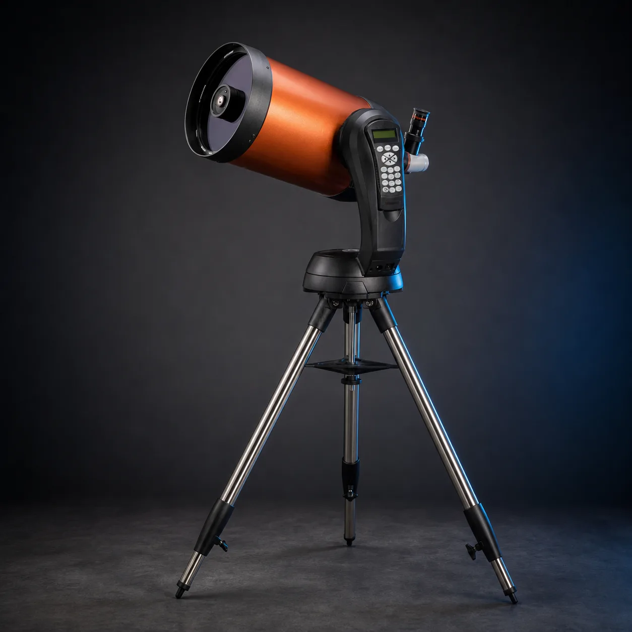 Celestron NexStar 8SE on its single fork arm mount, showing the orange optical tube, red-dot finder, and hand controller