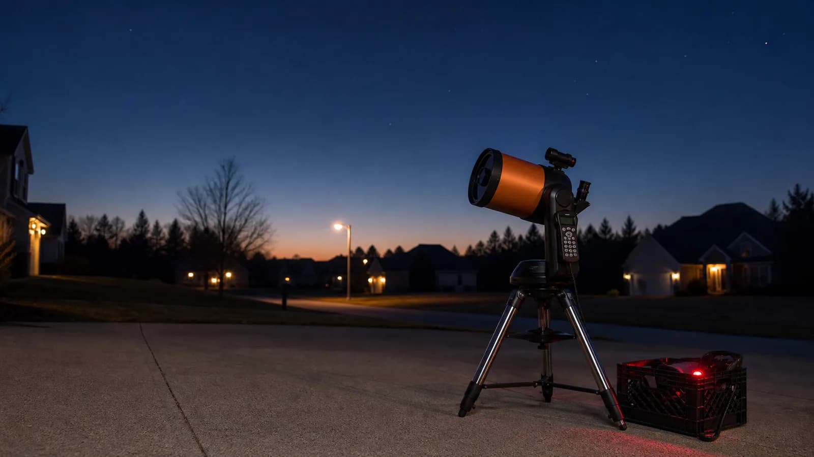 A NexStar 8SE set up on a driveway at dusk with a red headlamp glow, waiting for full darkness
