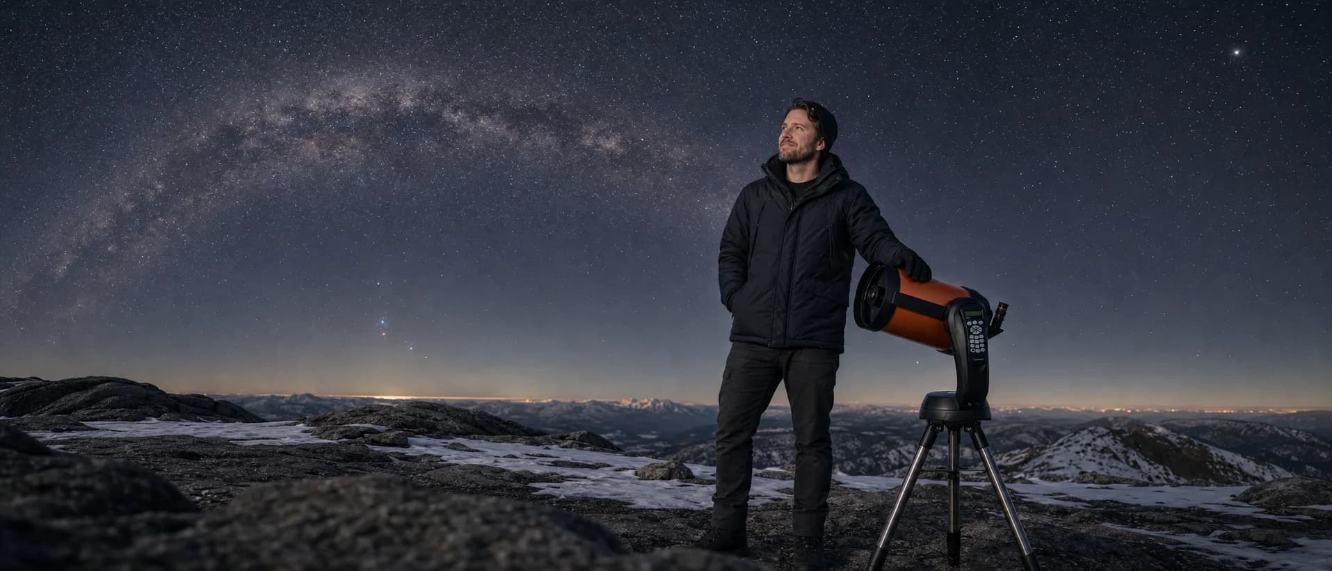 Alex Lindgren on an exposed granite mountaintop on a clear winter night, standing beside a Celestron NexStar 8SE with the Milky Way arc behind