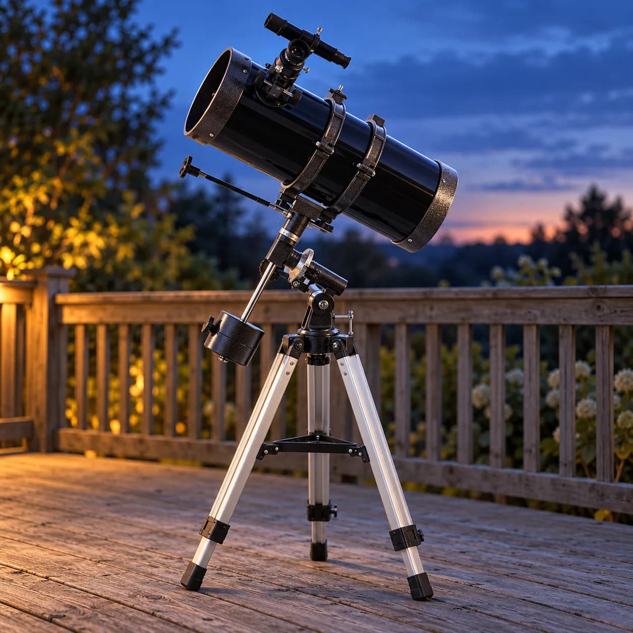Celestron PowerSeeker 127EQ on its steel tripod on a wooden deck at blue hour, showing the short black tube, two tube rings, small equatorial head and single counterweight