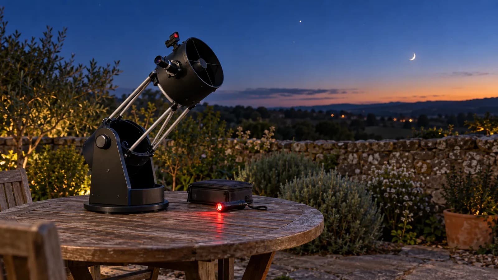 A small collapsible tabletop Dobsonian reflector standing on a round wooden garden table at twilight, with an eyepiece case and a red torch beside it