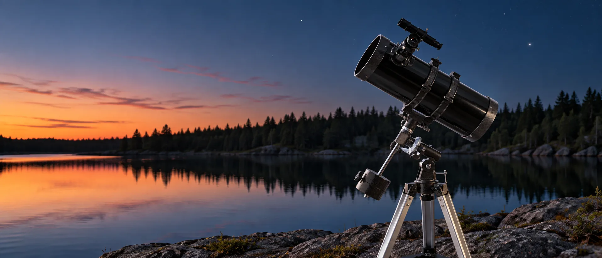 Celestron PowerSeeker 127EQ standing on its steel tripod and small equatorial mount on a rocky lakeshore at dusk, its short black tube angled at the sky