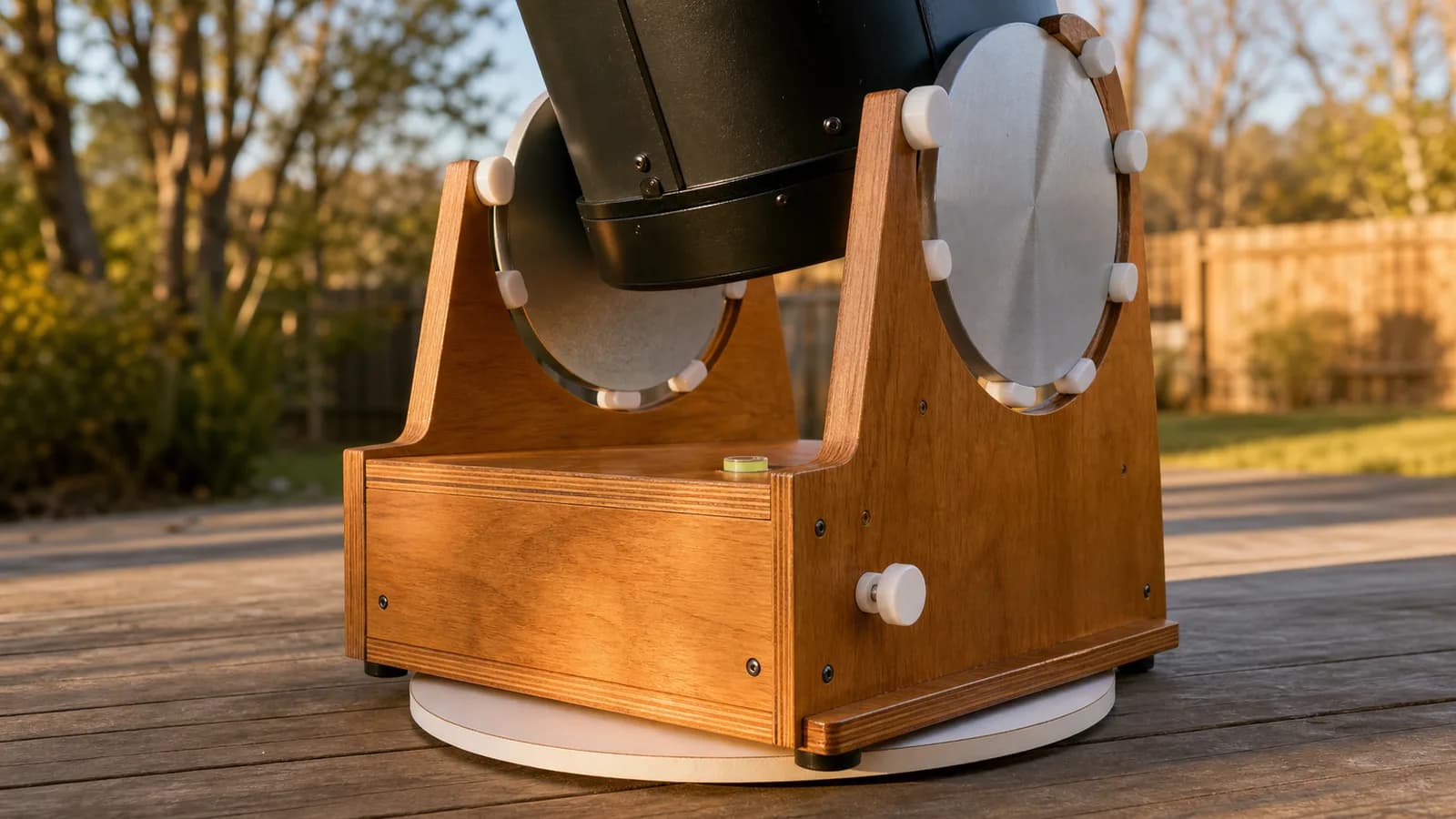 Close-up of a Dobsonian telescope's rocker box mount showing the altitude bearings on each side and the textured azimuth bearing pad underneath