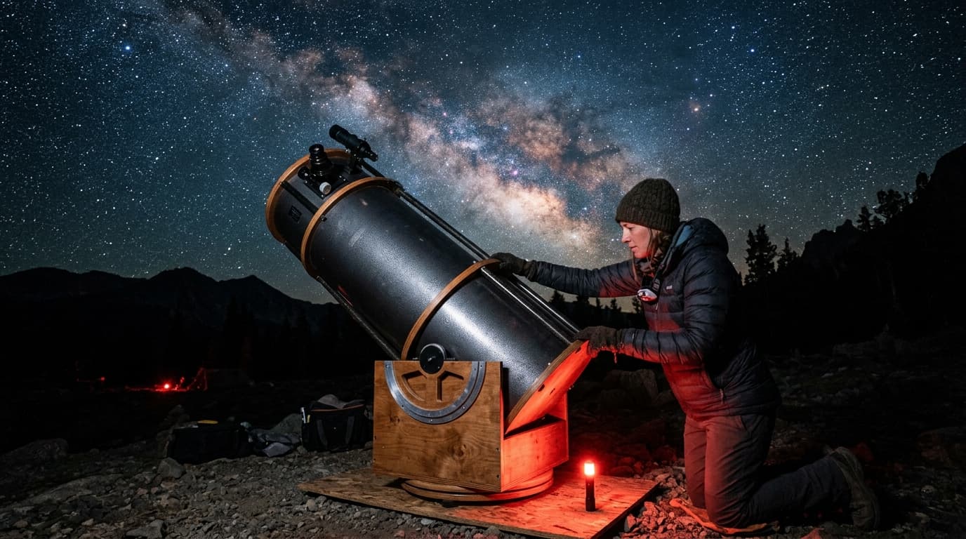 Light path through a Newtonian reflector telescope showing parabolic primary mirror and flat secondary mirror