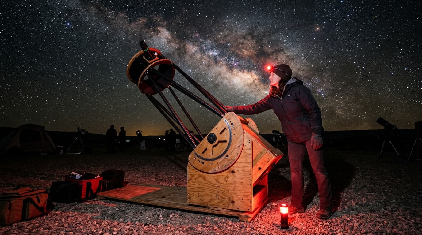 Person adjusting a Dobsonian telescope on its rocker box under the Milky Way