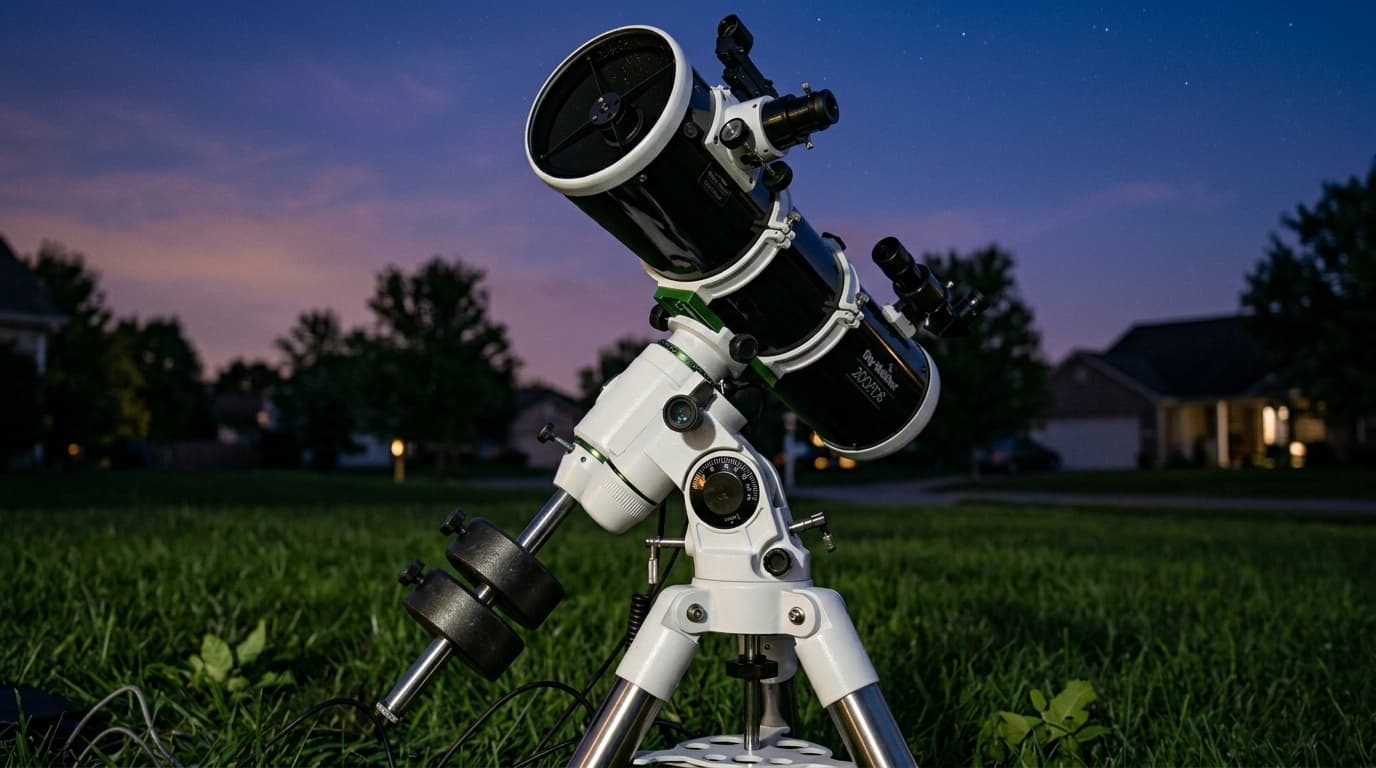 Newtonian reflector telescope on an equatorial mount with counterweight and polar alignment scope
