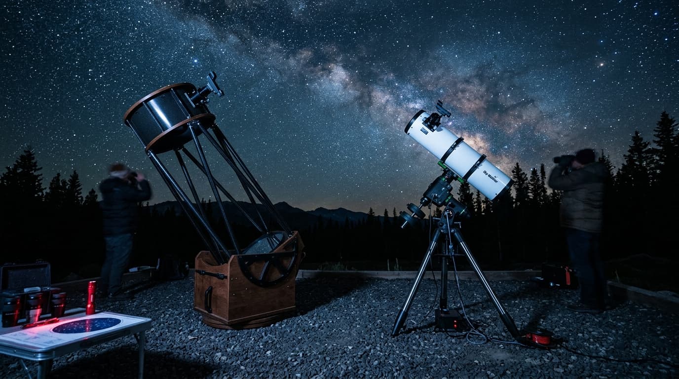 Side-by-side comparison of a Dobsonian telescope and a Newtonian on an equatorial mount