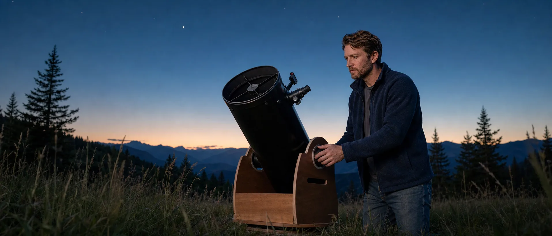 Alex Lindgren at a backyard observing site with a Dobsonian reflector, hands on the altitude bearings, viewing through the eyepiece