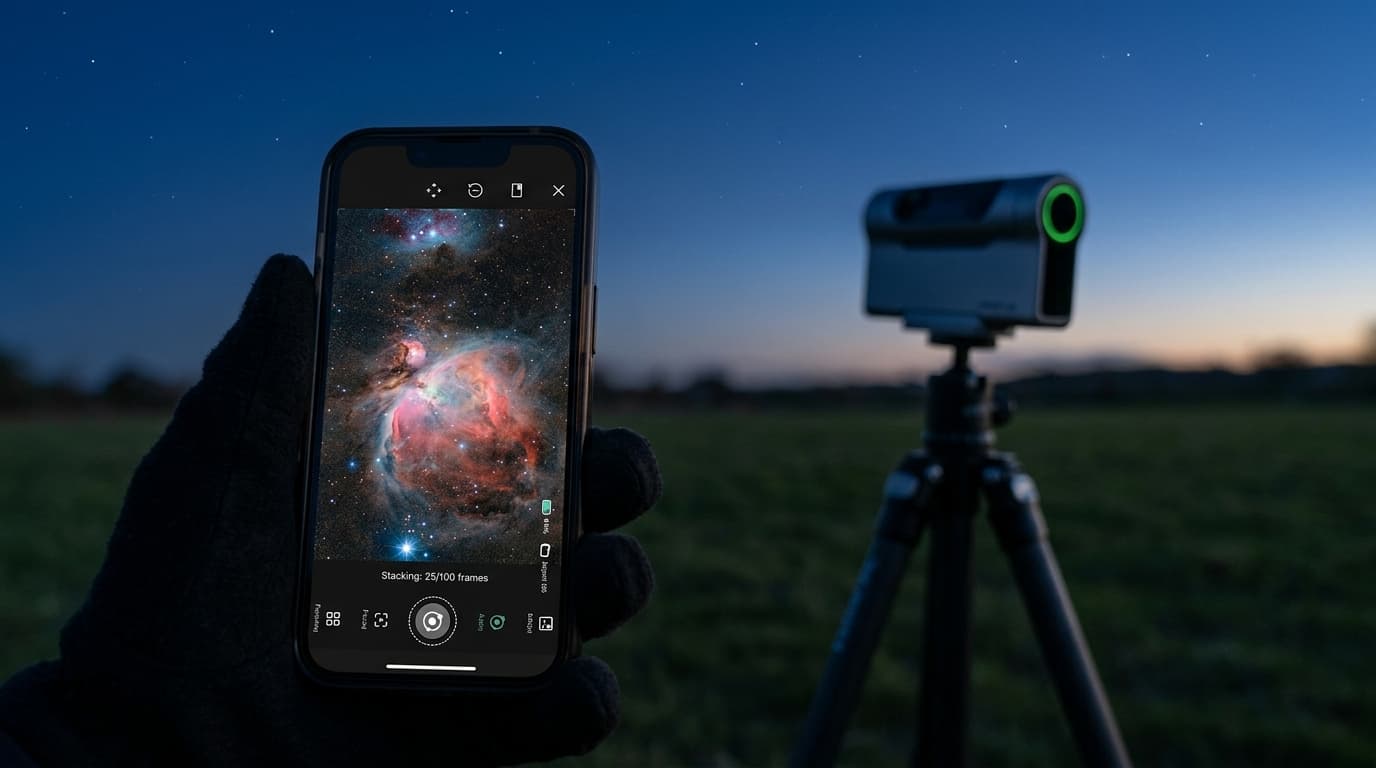 DWARFLAB app showing a live-stacked Orion Nebula image