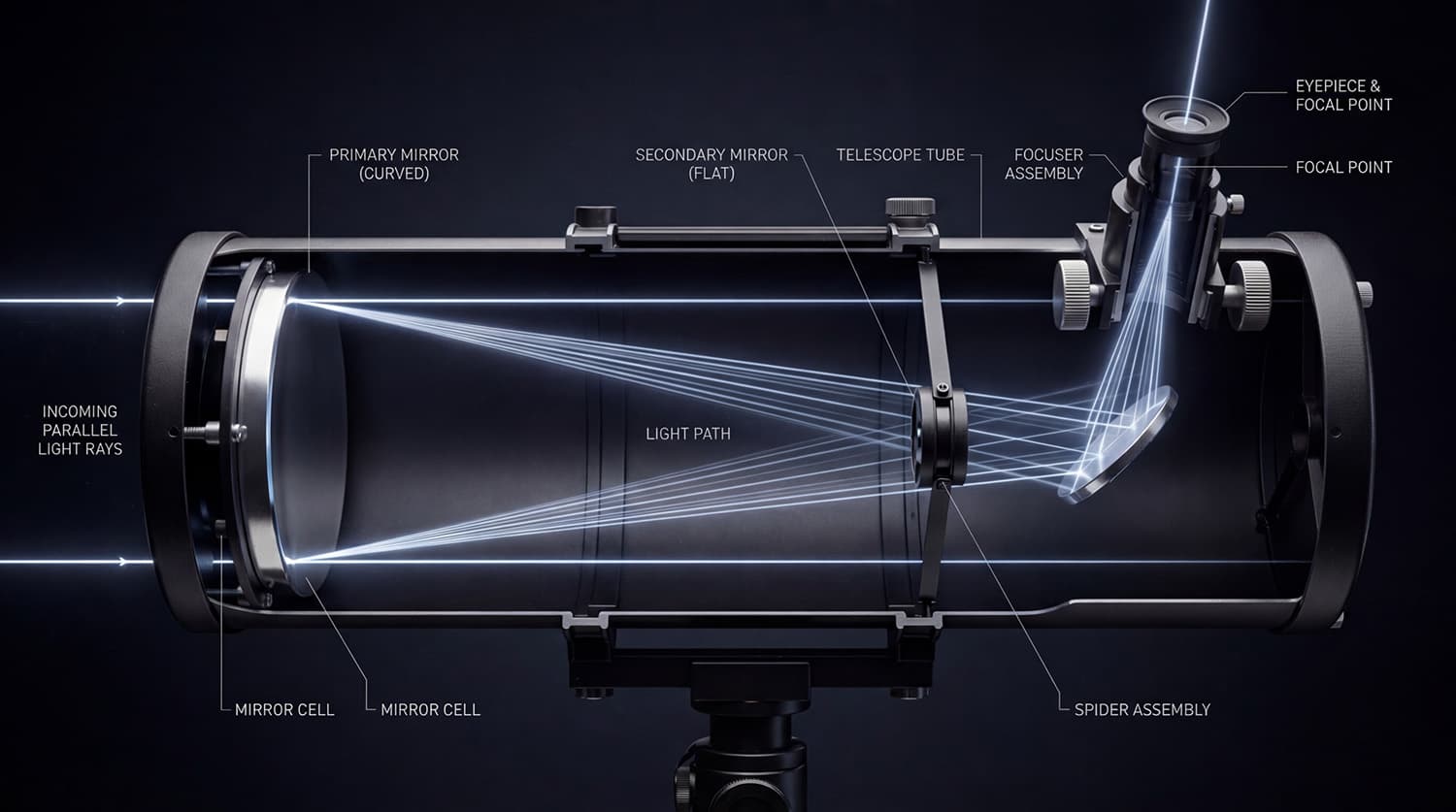 Light path through a Newtonian reflector telescope showing primary and secondary mirrors