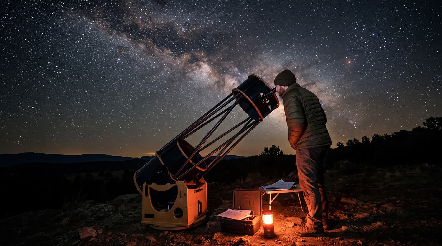 Person observing through a large Dobsonian reflector under the Milky Way