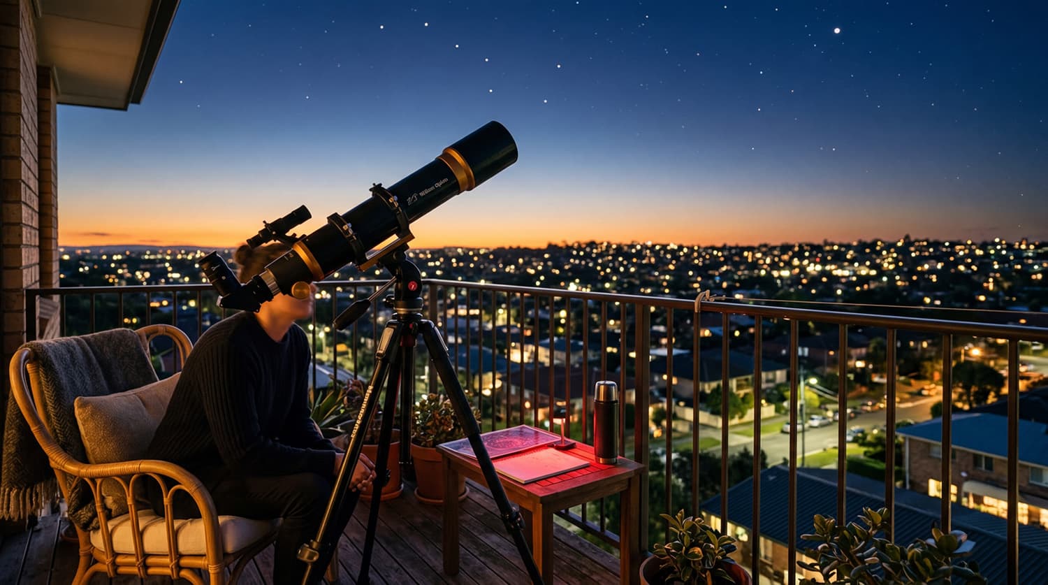 A compact refractor telescope on a balcony at dusk