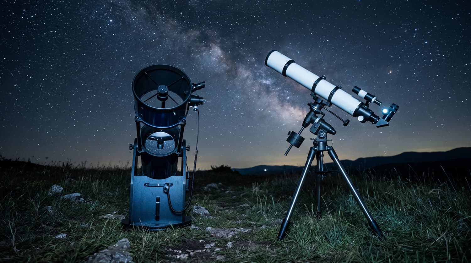 A Newtonian reflector and achromat refractor side by side under a night sky
