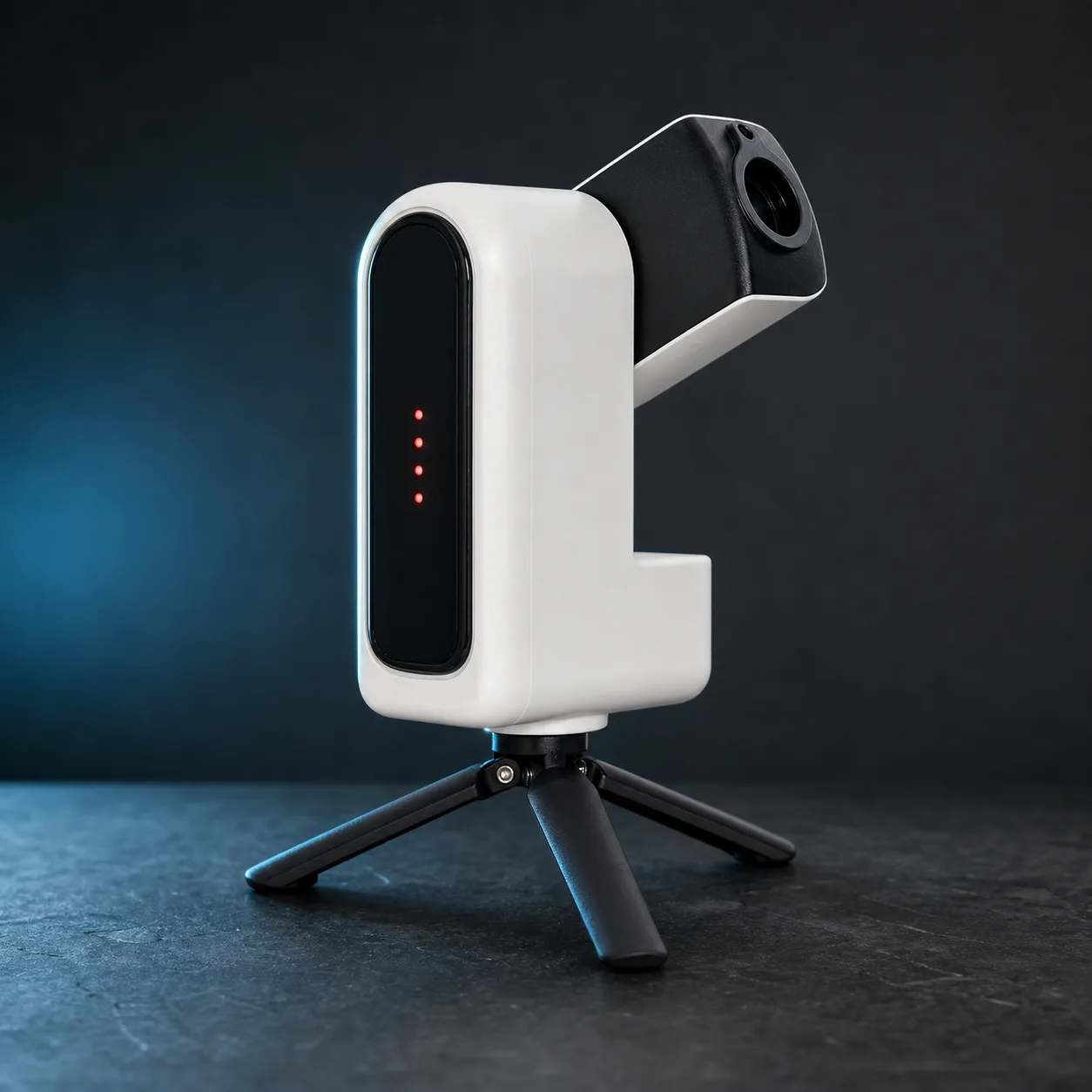 ZWO Seestar S30 smart telescope on its small tabletop tripod, white body with black camera arm raised
