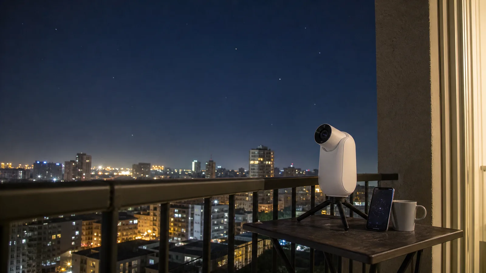 A small white smart telescope on an apartment balcony rail table at night, city lights glowing below a deep blue sky
