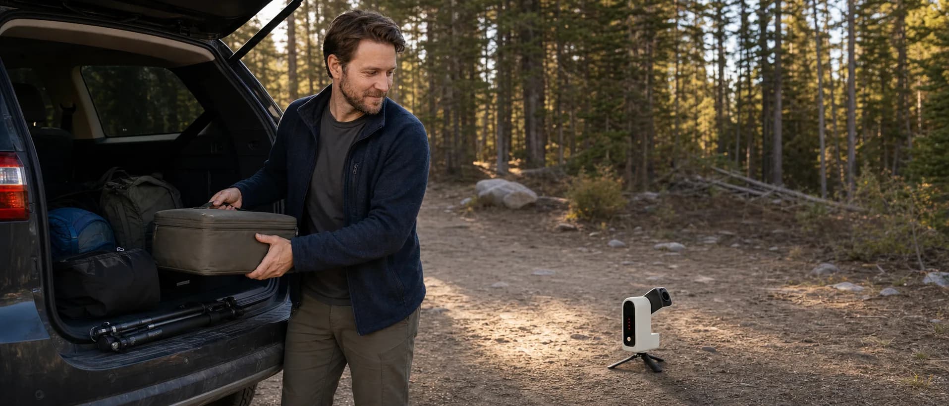 Alex Lindgren lifting a padded telescope case from a vehicle hatch at a wooded trailhead, the compact Seestar S30 beside it