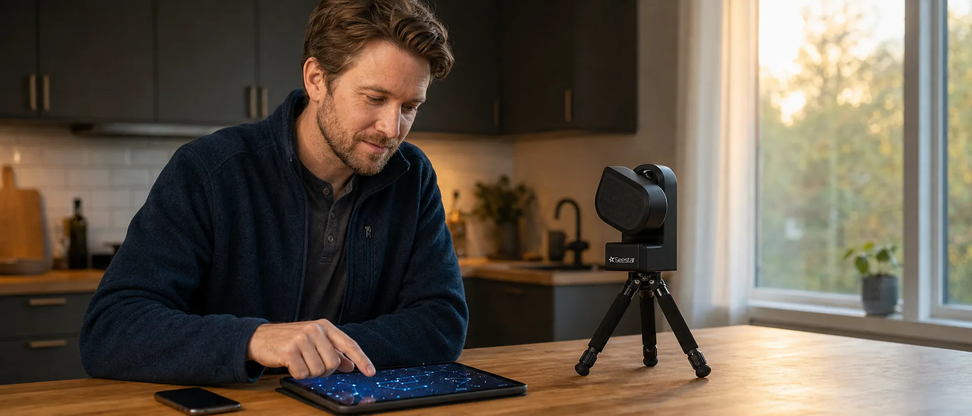 Alex Lindgren reviewing the ZWO Seestar S50 on a kitchen counter with the Seestar app open on a tablet beside it