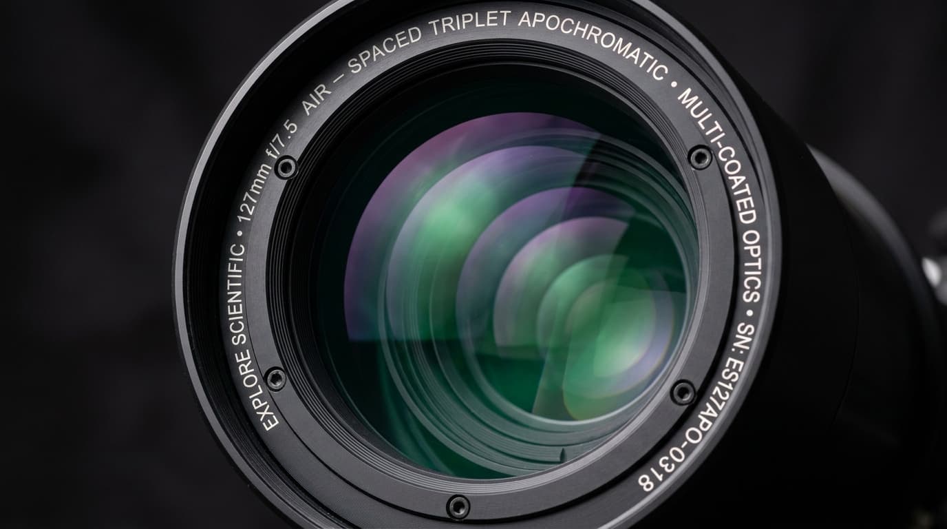 Close-up of a refractor telescope lens cell showing multi-coated glass elements