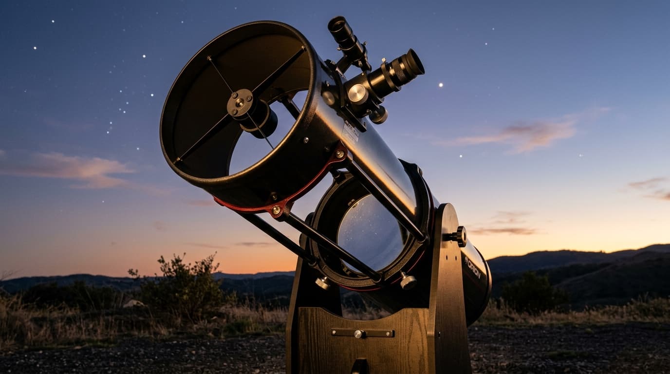 A Newtonian reflector telescope with the tube rotated to show the primary mirror