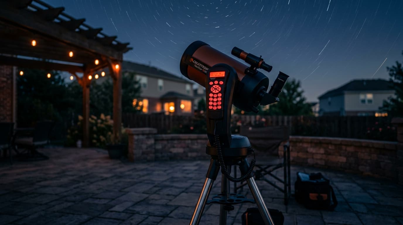 A compact Schmidt-Cassegrain telescope on a computerized fork mount on a suburban patio at night