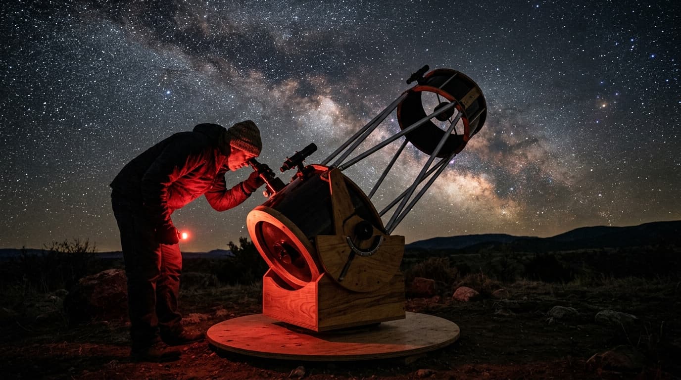 A person observing through a large Dobsonian telescope under the Milky Way