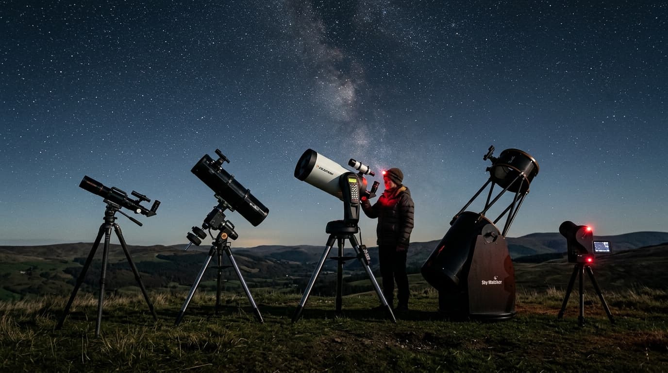 Five different telescope types arranged on a hilltop under a starry night sky